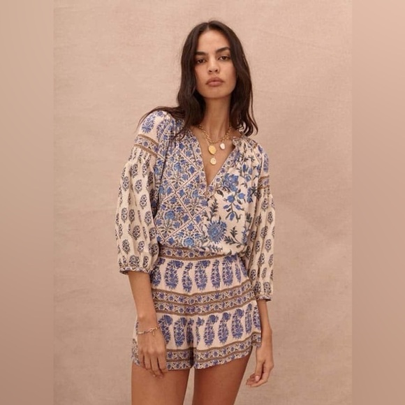 Boteh / Lazuli Smock Top neutral floral puff sleeve Blue 1 small 4 - Picture 8 of 12